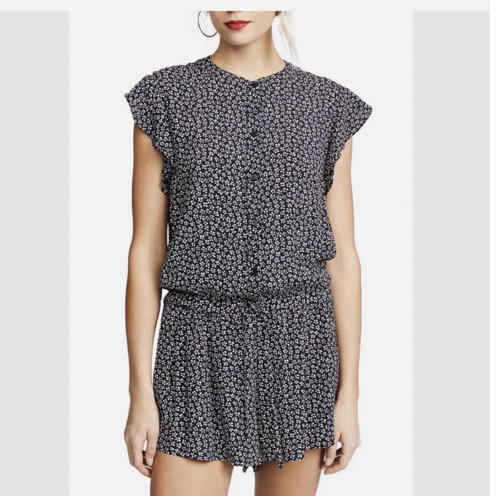 Rails Womens Navy Blue White Floral Button Front Ruffle Sleeve Romper Size S